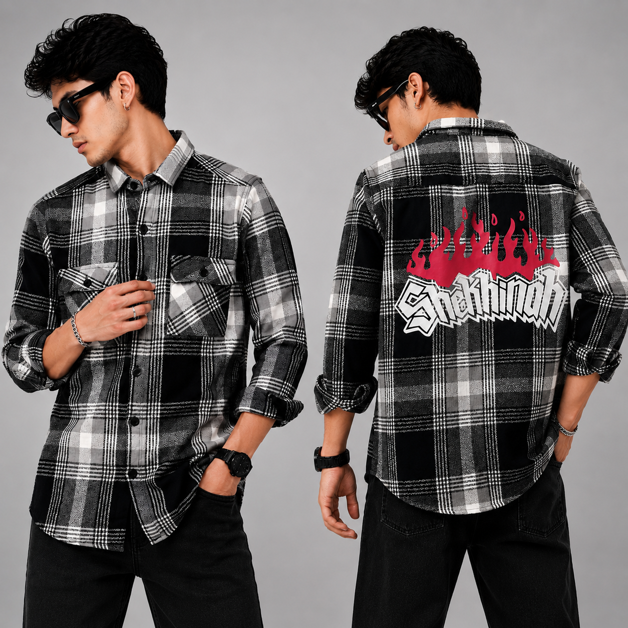 Black & Grey  Checked Graphic Back Print Shirt