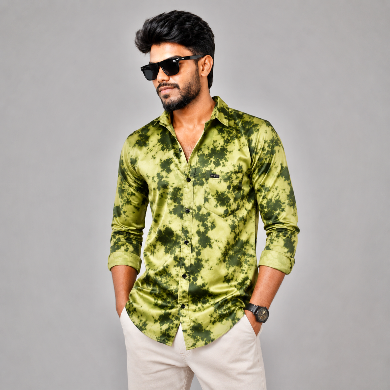 Premium Olive Tie-Dye Full Sleeve Satin Shirt