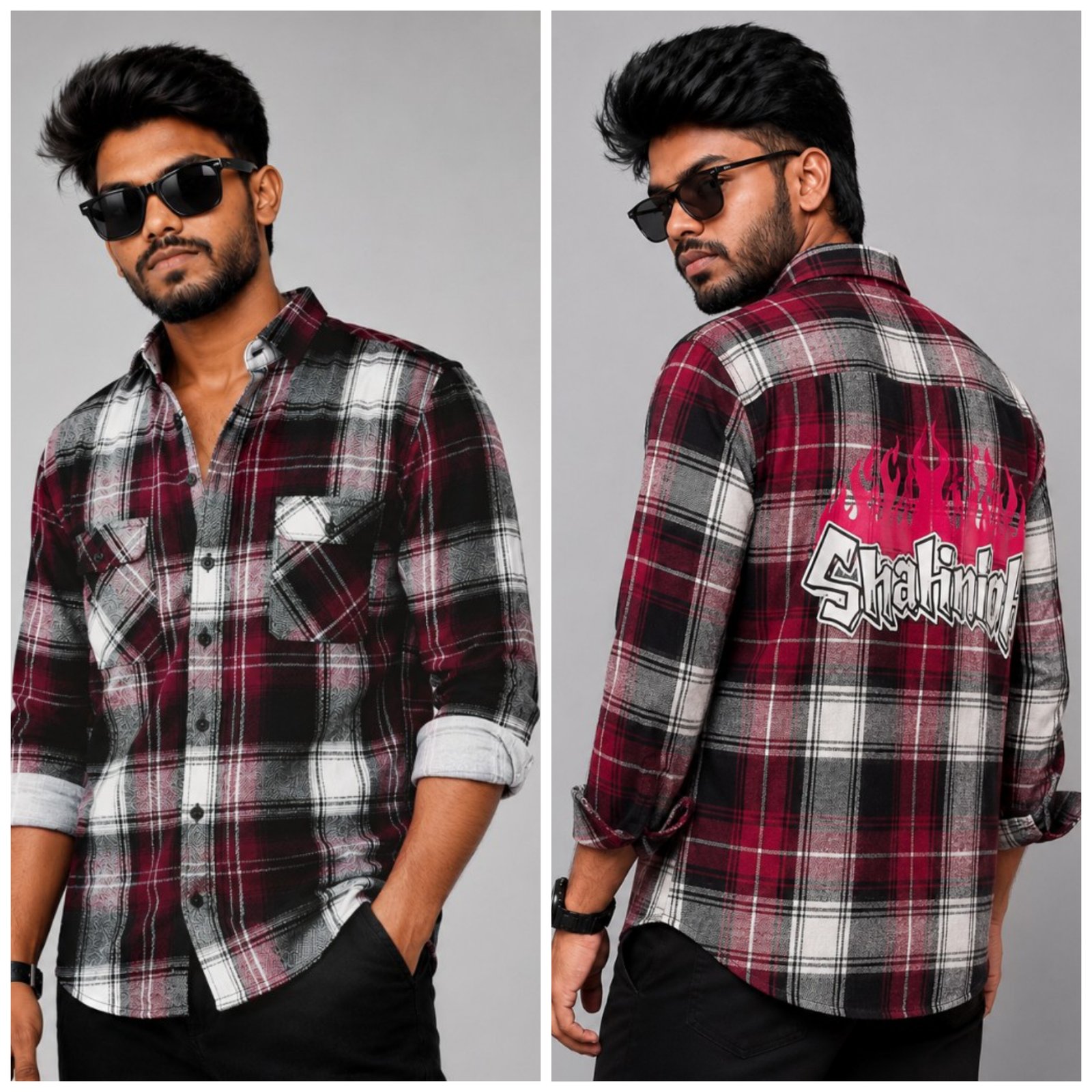 Black & Red Checked Graphic Back Print Shirt