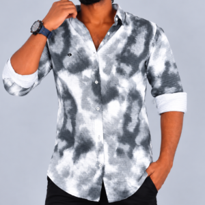 Neatly Rolled Tie-Dye Shirt Portrait Men’s Grey & White Abstract Printed Cotton Shirt – Full Sleeve