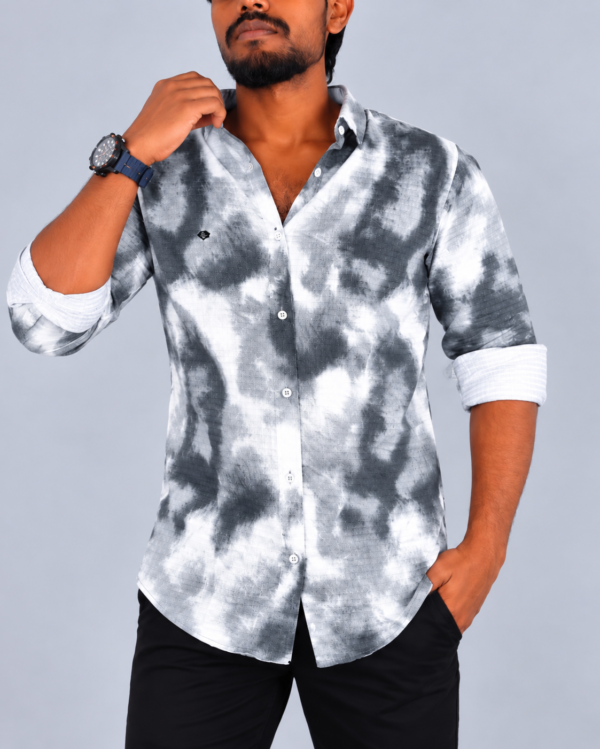 Neatly Rolled Tie-Dye Shirt Portrait Men’s Grey & White Abstract Printed Cotton Shirt – Full Sleeve