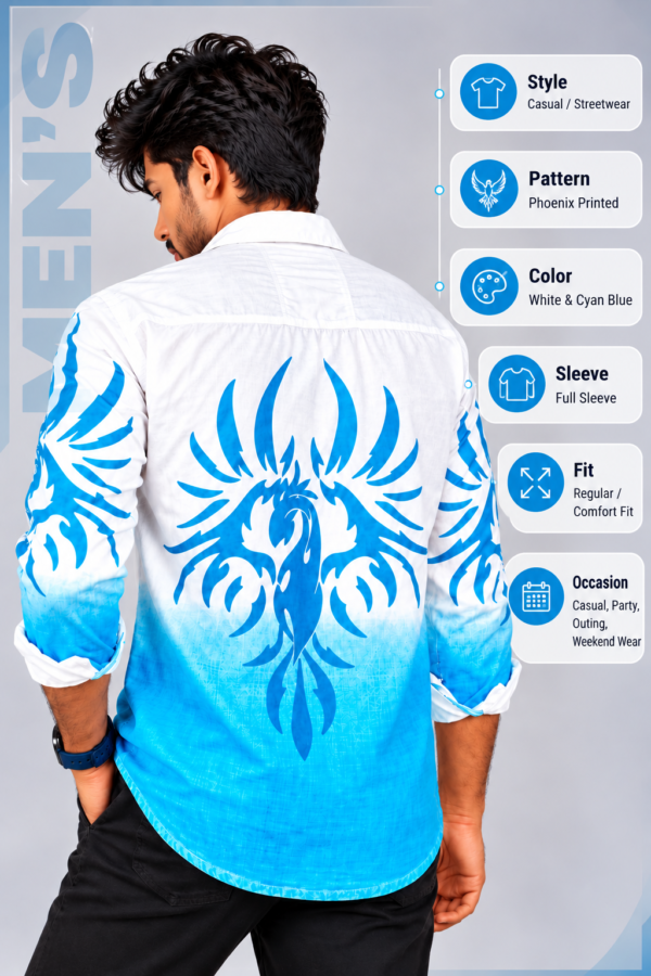 Phoenix Print Streetwear Shirt Poster Men’s Cyan Phoenix Printed Ombre Shirt – Full Sleeve Casual Shirt